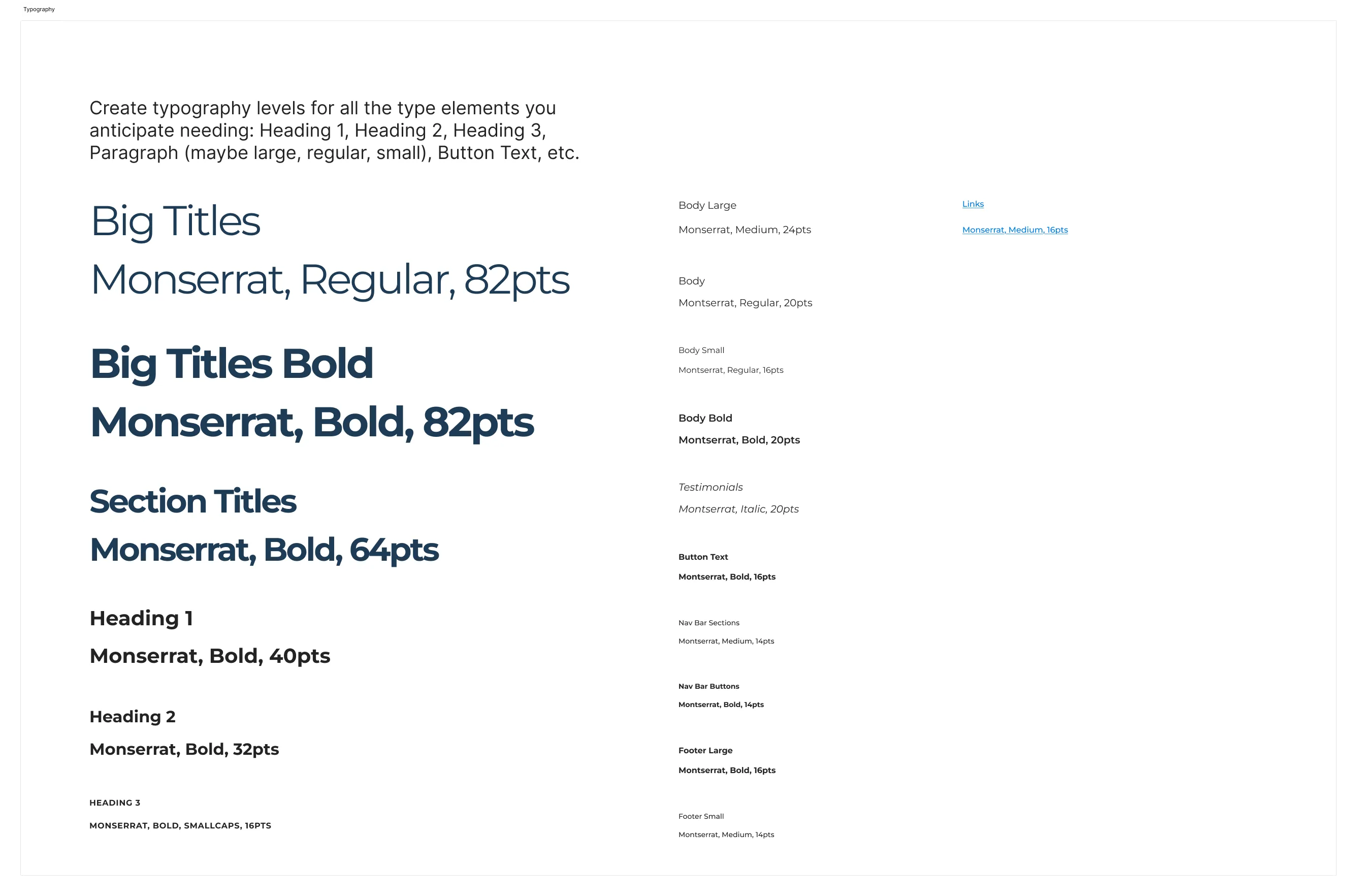Excel Society’s typography system showing heading levels and body text styles using the Montserrat font family, with labeled sizes and formatting styles.