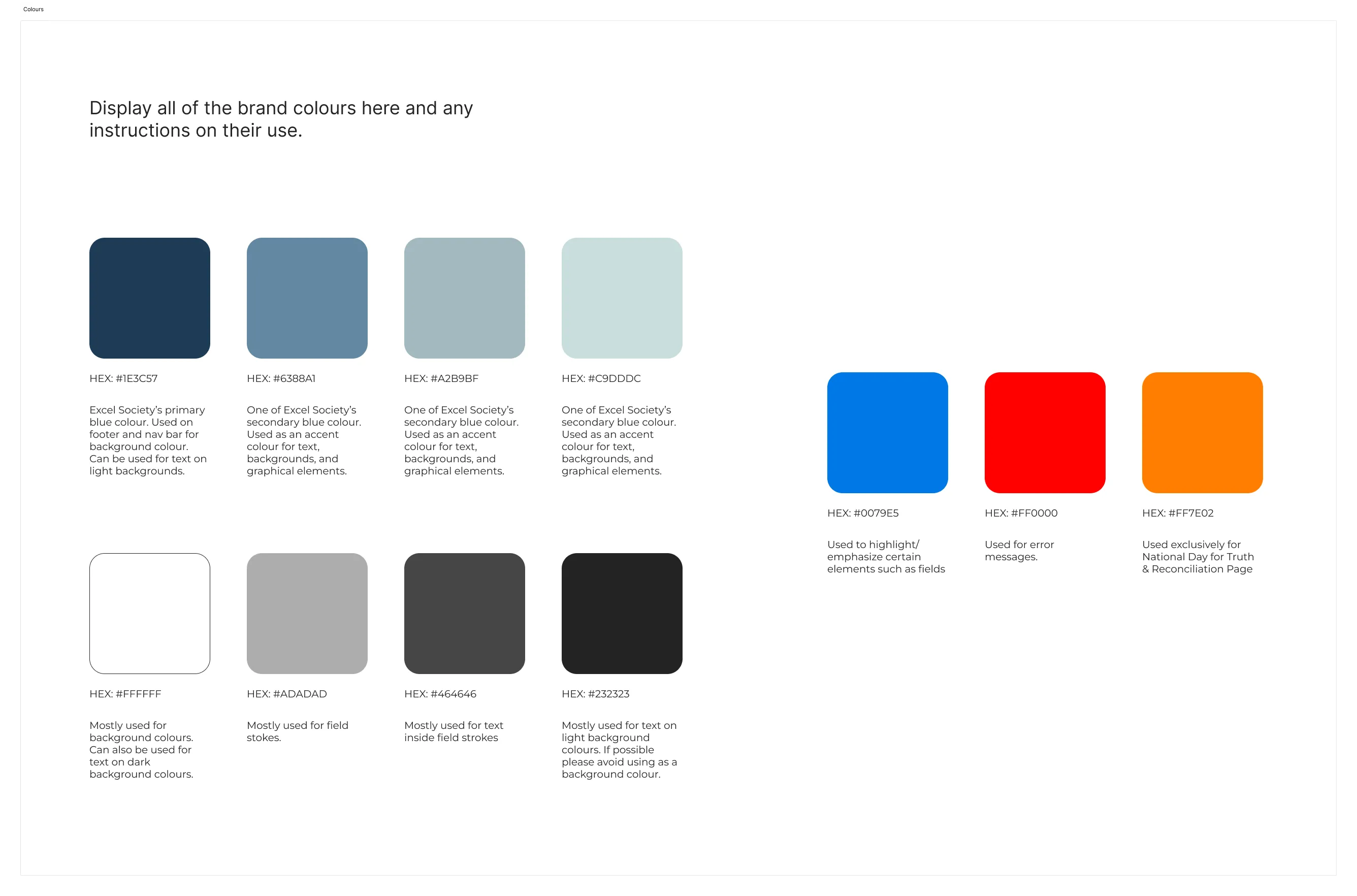 Brand color system for Excel Society with primary and secondary blue tones, accent and functional colors including orange and red, and associated HEX codes and usage guidelines.