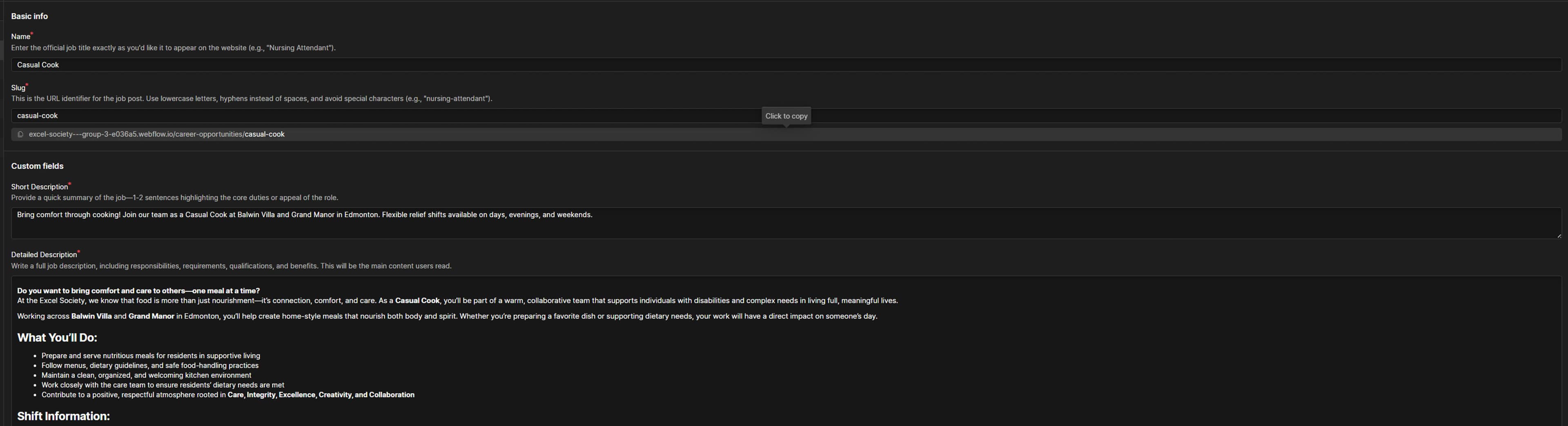 Screenshot of Webflow CMS editor showing a job post entry with several fields and description for ease of use and maintainability.
