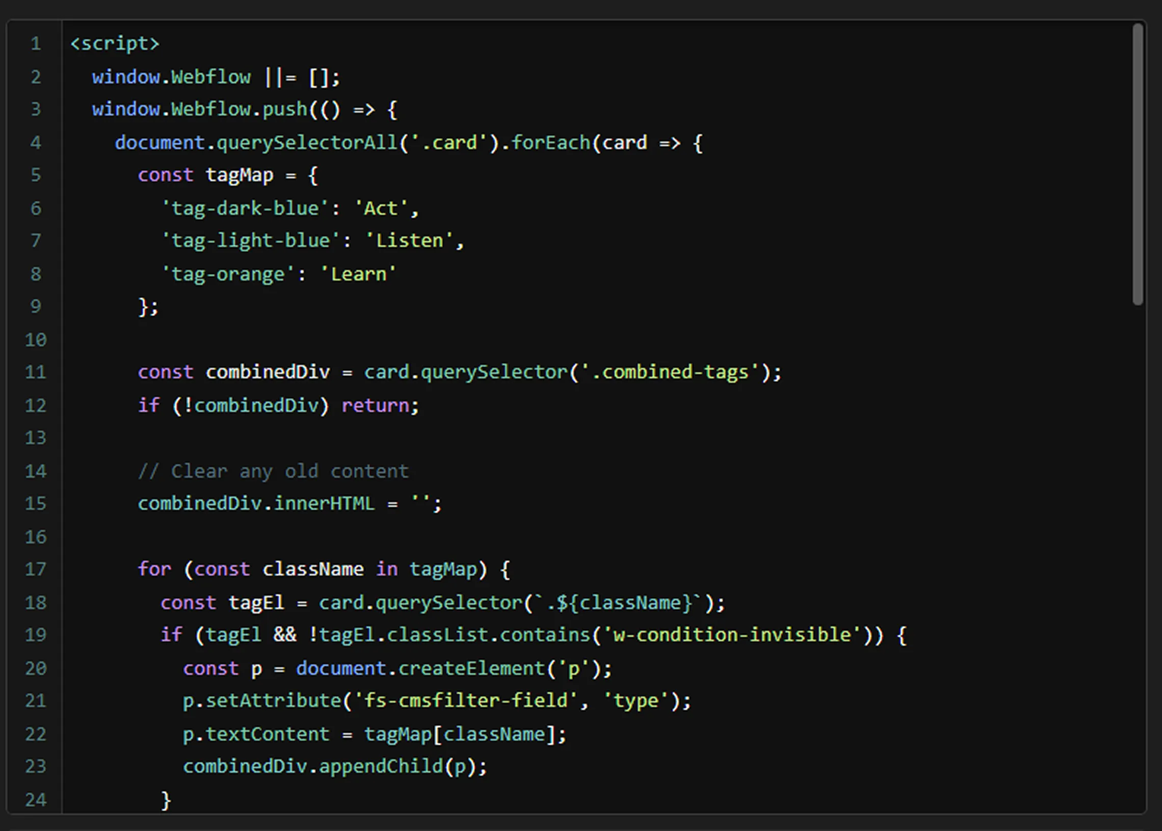 Custom JavaScript snippet used in the Excel Society Webflow project to support dynamic tag display.