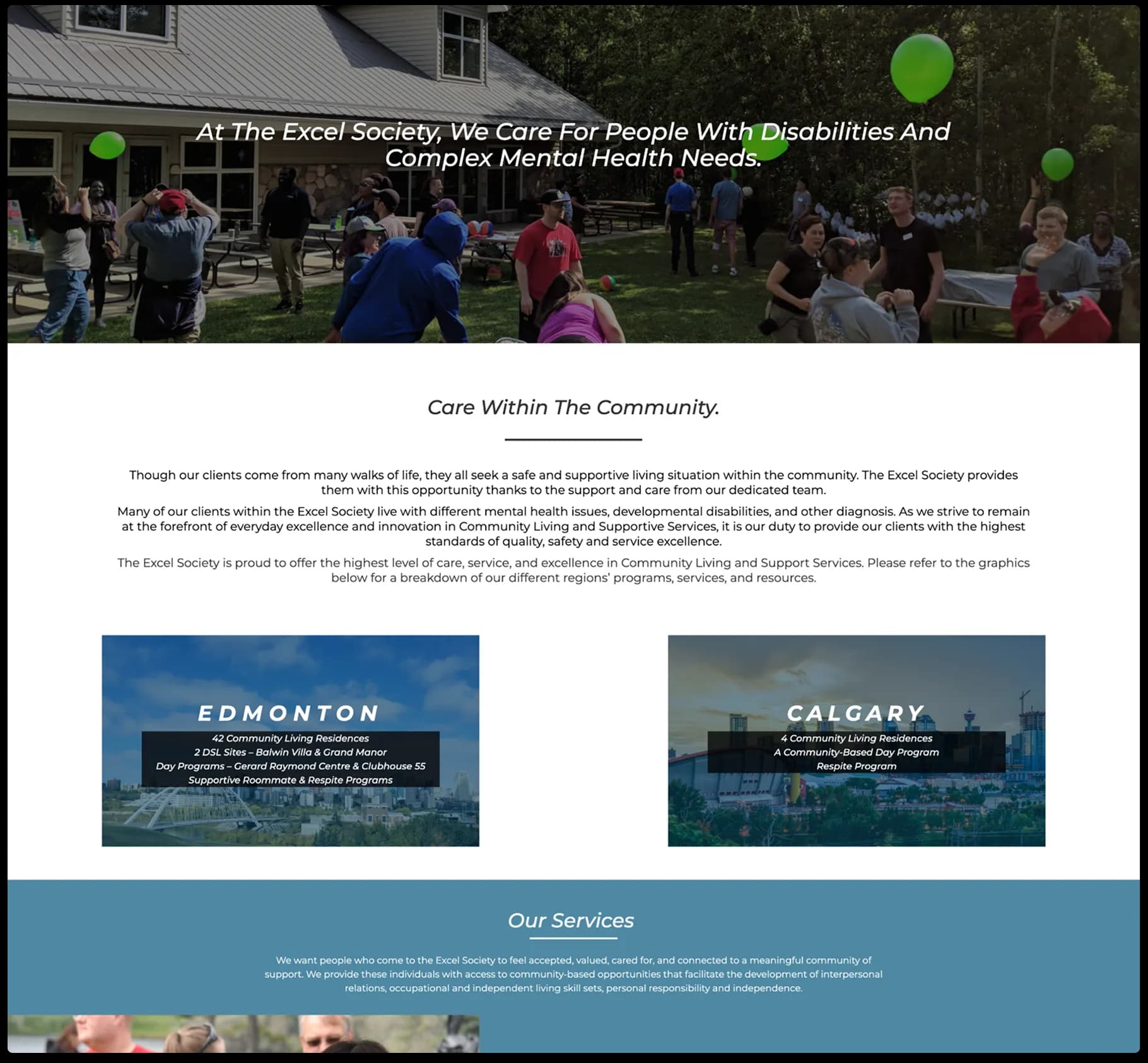 Excel Society’s initial Services page, showing a hero section, followed by an introduction about community care and a two-column overview of services in Edmonton and Calgary.