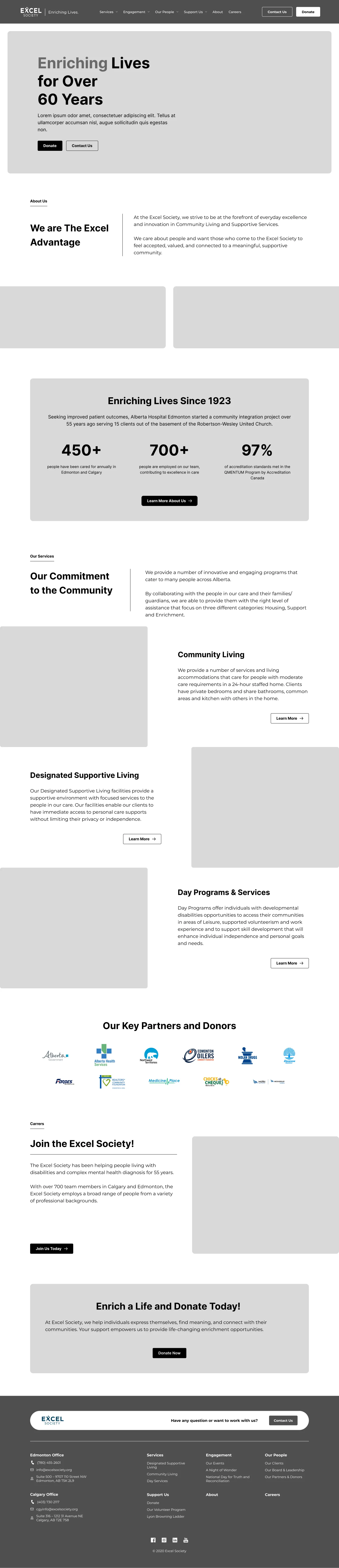 Mid-fidelity wireframe for the Excel Society homepage layout featuring top navigation, large hero section, and several other important sections.