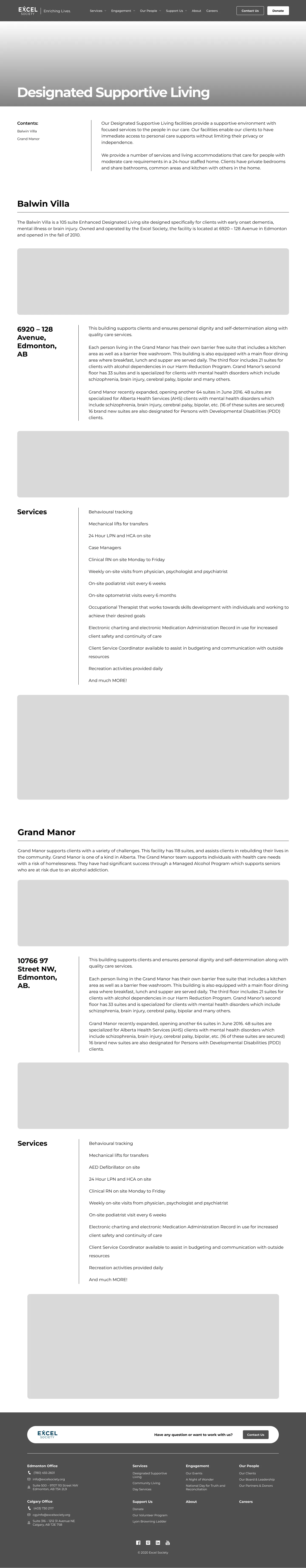 Wireframe for the Designated Supportive Living page with structured content blocks for Balwin Villa and Grand Manor.