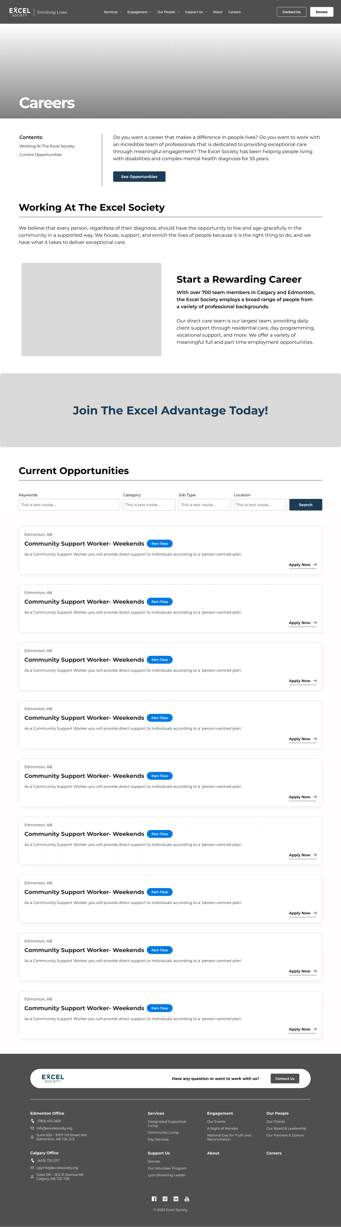 Wireframe of the Careers page with an introductory section, employment philosophy, and a job listings module that includes filters and multiple job listings.