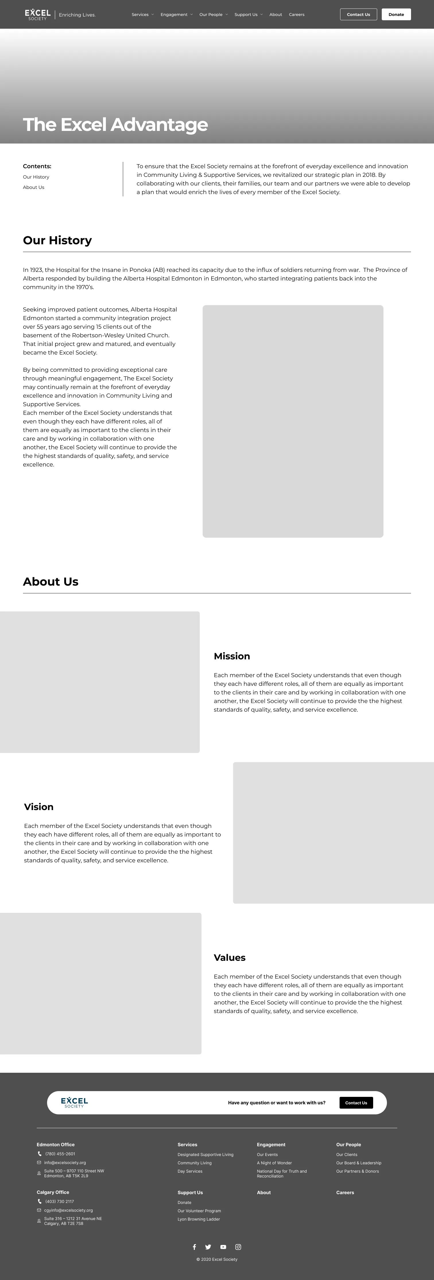 Wireframe of the Excel Advantage page with sections on the organization’s history, mission, vision, and values.