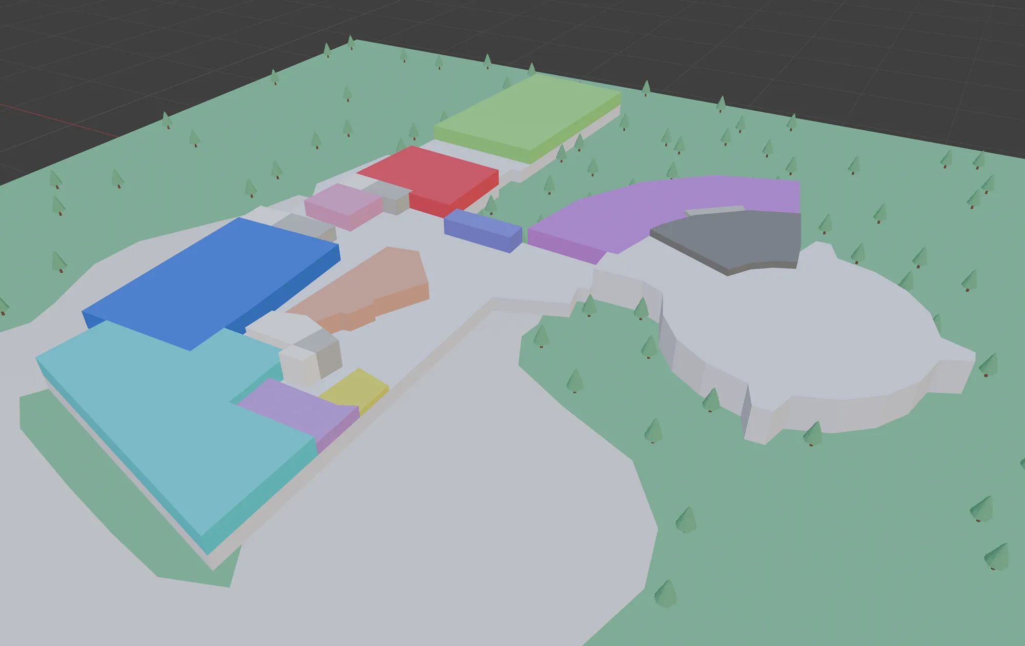 Colored 3D site model with exhibit zones highlighted, used for the 2D and 3D navigation feature.