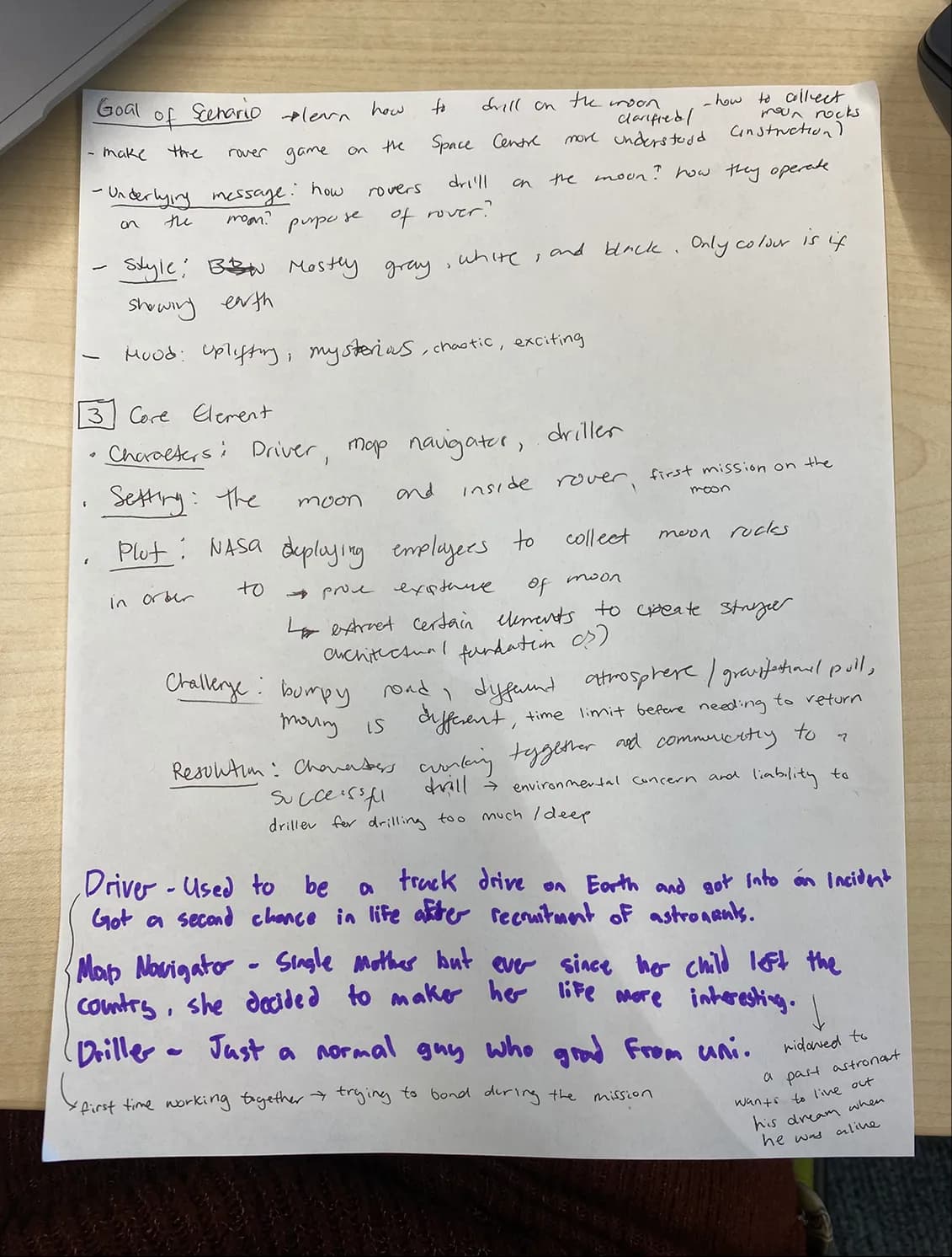 Handwritten scenario about a rover team drills for moon rocks under tough conditions.