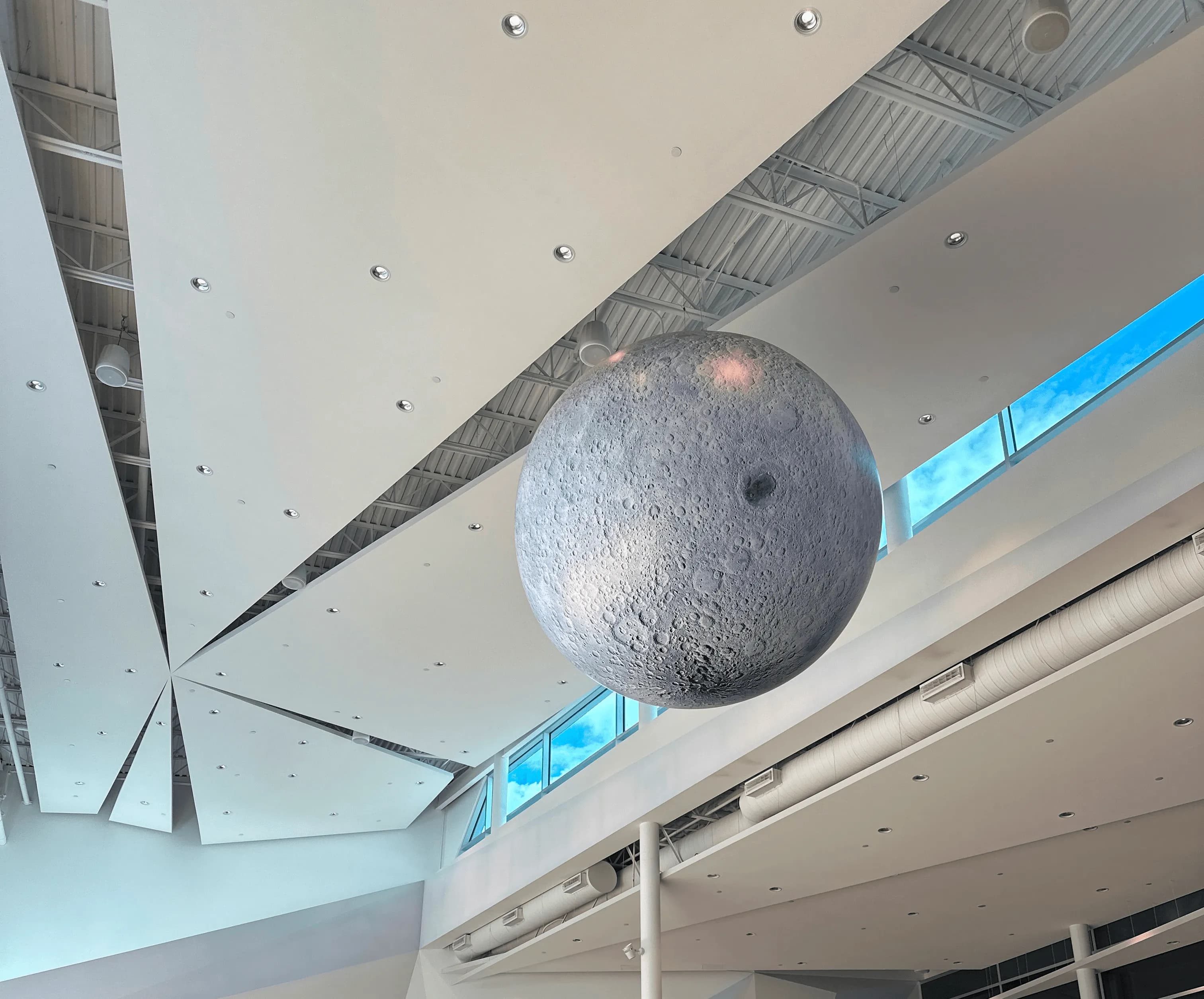The lobby ceiling at the science centre showing a large, textured moon capable of being scanned for AR features.
