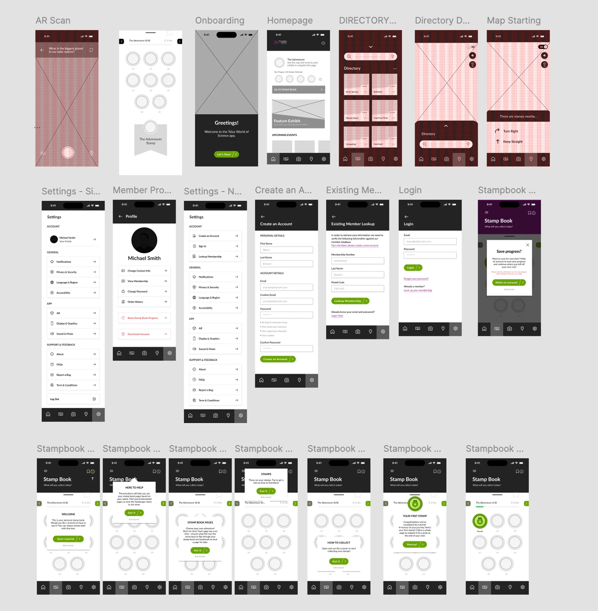 Early mid-fidelity wireframe of the AR app showing onboarding, homepage, directory, and map screens.