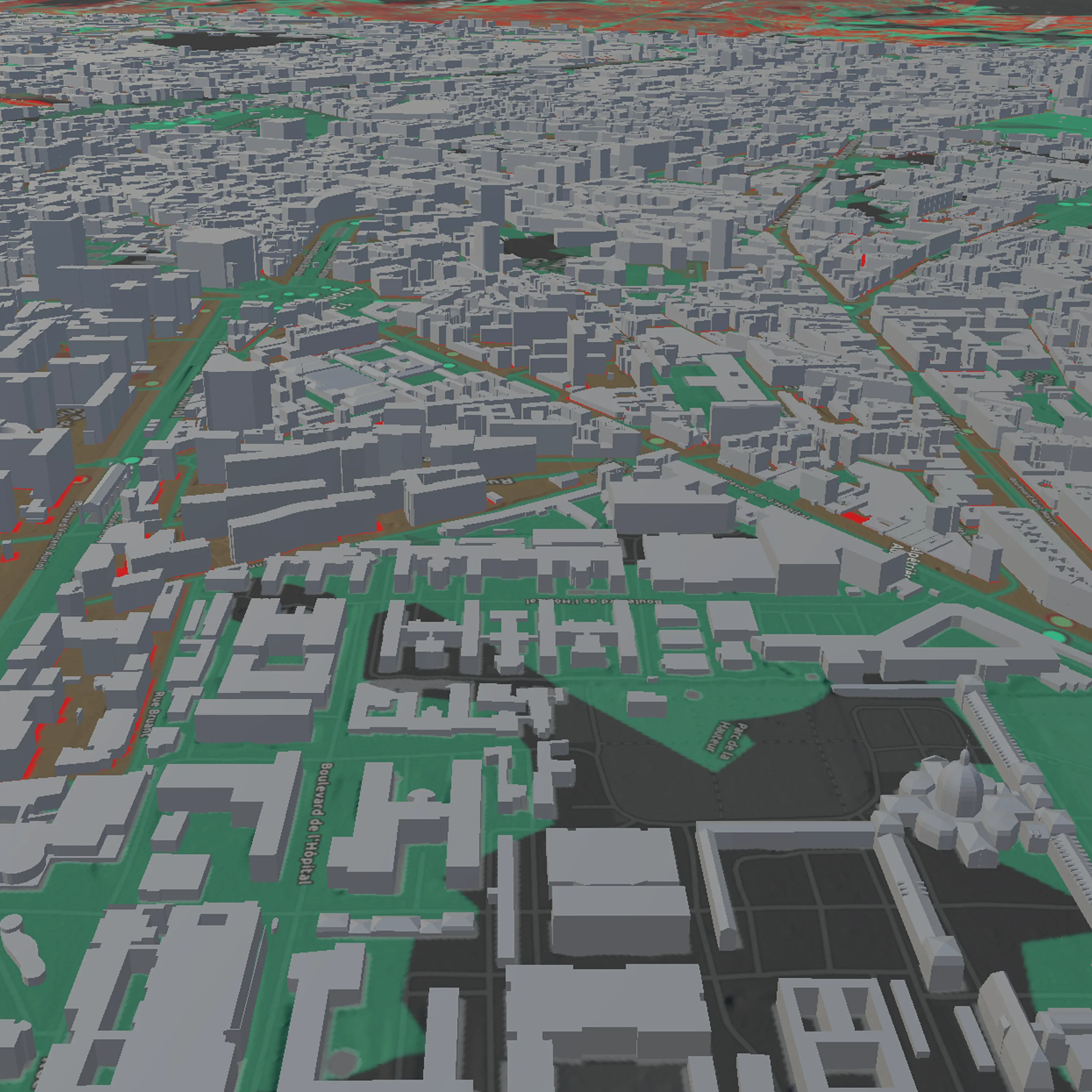 VR view of Paris’s 3D cityscape rendered in unrendered 3D blocks.