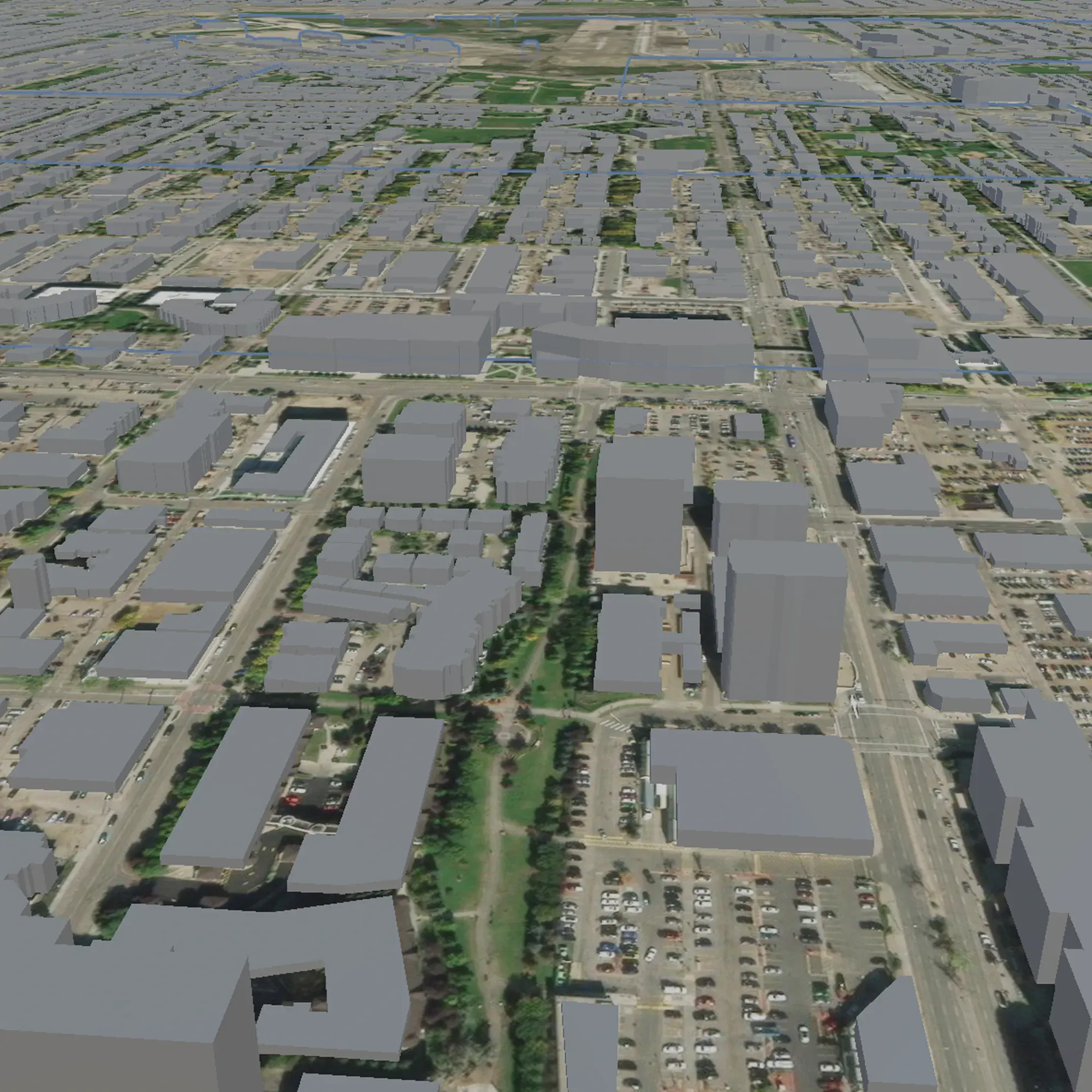 VR view of Edmonton's 3D cityscape rendered as unshaded building blocks.
